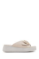 Women's Cream Thick Soled Buckle Detailed Comfort Slippers | Derimod Women's Cream Thick Soled Buckle Detailed Comfort Slippers | Derimod