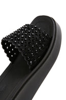 Women's Black Stone Wedge Heeled Slippers | Derimod Women's Black Stone Wedge Heeled Slippers | Derimod