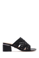 Women's Black Heeled Woven Patterned Slippers | Derimod Women's Black Heeled Woven Patterned Slippers | Derimod