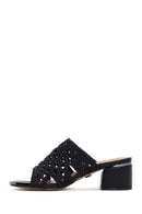 Women's Black Heeled Woven Patterned Slippers | Derimod Women's Black Heeled Woven Patterned Slippers | Derimod