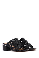 Women's Black Heeled Woven Patterned Slippers | Derimod Women's Black Heeled Woven Patterned Slippers | Derimod