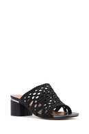 Women's Black Heeled Woven Patterned Slippers | Derimod Women's Black Heeled Woven Patterned Slippers | Derimod