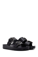Women's Black Stone Double Buckle Thick Sole Comfort Slippers | Derimod Women's Black Stone Double Buckle Thick Sole Comfort Slippers | Derimod