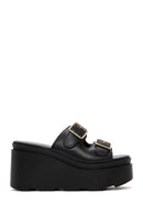 Women's Black Double Buckle Wedge Heeled Slippers | Derimod Women's Black Double Buckle Wedge Heeled Slippers | Derimod