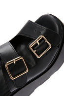 Women's Black Double Buckle Wedge Heeled Slippers | Derimod Women's Black Double Buckle Wedge Heeled Slippers | Derimod
