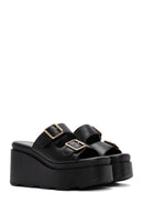 Women's Black Double Buckle Wedge Heeled Slippers | Derimod Women's Black Double Buckle Wedge Heeled Slippers | Derimod