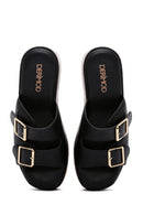 Women's Black Double Buckle Wedge Heeled Slippers | Derimod Women's Black Double Buckle Wedge Heeled Slippers | Derimod