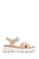 Kadın Bej Bilekten Bantlı Kalın Tabanlı Nubuk Sandalet | Derimod Kadın Bej Bilekten Bantlı Kalın Tabanlı Nubuk Sandalet | Derimod