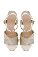 Women's Gold Ankle Strap Wedge Heeled Straw Sandals | Derimod Women's Gold Ankle Strap Wedge Heeled Straw Sandals | Derimod