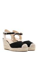 Women's Black Ankle Strap Wedge Heeled Espadrille | Derimod Women's Black Ankle Strap Wedge Heeled Espadrille | Derimod