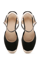 Women's Black Ankle Strap Wedge Heeled Espadrille | Derimod Women's Black Ankle Strap Wedge Heeled Espadrille | Derimod