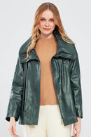 Felicita Women's Green Wide Collar Oversize Leather Coat | Derimod Felicita Women's Green Wide Collar Oversize Leather Coat | Derimod