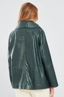 Felicita Women's Green Wide Collar Oversize Leather Coat | Derimod Felicita Women's Green Wide Collar Oversize Leather Coat | Derimod