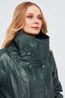 Felicita Women's Green Wide Collar Oversize Leather Coat | Derimod Felicita Women's Green Wide Collar Oversize Leather Coat | Derimod