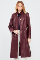 Colette Women's Burgundy Crocodile Patterned Leather Coat | Derimod Colette Women's Burgundy Crocodile Patterned Leather Coat | Derimod