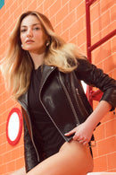 Angel Women's Black Biker Leather Jacket | Derimod Angel Women's Black Biker Leather Jacket | Derimod