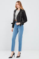 Angel Women's Black Biker Leather Jacket | Derimod Angel Women's Black Biker Leather Jacket | Derimod