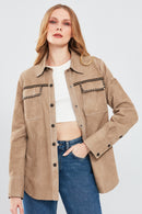 Amalfi Women's Beige Shirt Style Suede Leather Jacket | Derimod Amalfi Women's Beige Shirt Style Suede Leather Jacket | Derimod