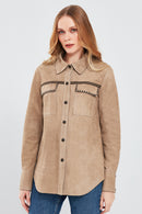 Amalfi Women's Beige Shirt Style Suede Leather Jacket | Derimod Amalfi Women's Beige Shirt Style Suede Leather Jacket | Derimod