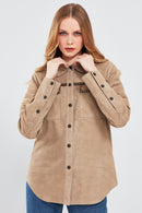 Amalfi Women's Beige Shirt Style Suede Leather Jacket | Derimod Amalfi Women's Beige Shirt Style Suede Leather Jacket | Derimod