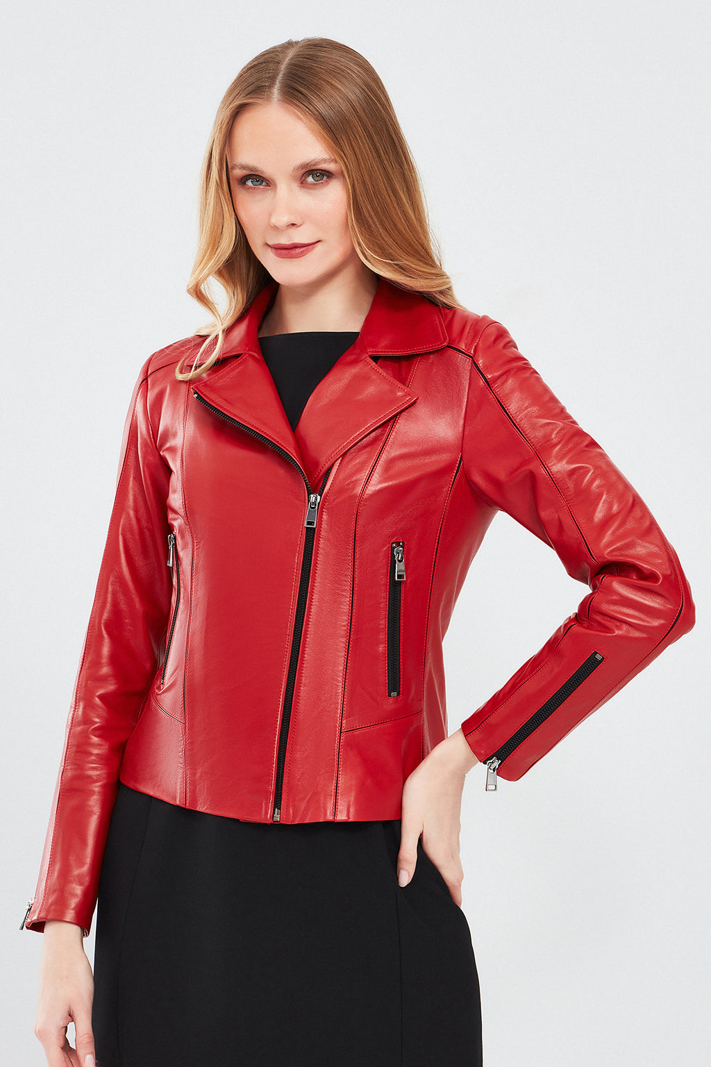 Kiara Kadın Kırmızı Slim-Fit Biker Deri Ceket
