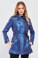 Anastasia Women's Navy Blue Metallic Leather Coat | Derimod Anastasia Women's Navy Blue Metallic Leather Coat | Derimod