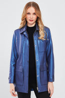 Anastasia Women's Navy Blue Metallic Leather Coat | Derimod Anastasia Women's Navy Blue Metallic Leather Coat | Derimod