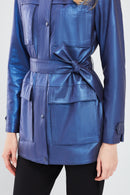 Anastasia Women's Navy Blue Metallic Leather Coat | Derimod Anastasia Women's Navy Blue Metallic Leather Coat | Derimod