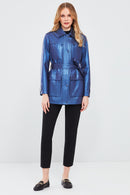Anastasia Women's Navy Blue Metallic Leather Coat | Derimod Anastasia Women's Navy Blue Metallic Leather Coat | Derimod