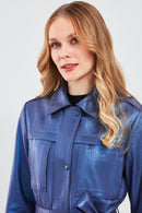 Anastasia Women's Navy Blue Metallic Leather Coat | Derimod Anastasia Women's Navy Blue Metallic Leather Coat | Derimod