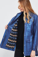 Anastasia Women's Navy Blue Metallic Leather Coat | Derimod Anastasia Women's Navy Blue Metallic Leather Coat | Derimod