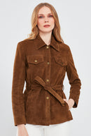 Margo Women's Brown Shirt Collar Suede Leather Jacket | Derimod Margo Women's Brown Shirt Collar Suede Leather Jacket | Derimod