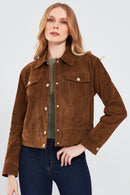 Amber Women's Brown Shirt Collar Short Suede Leather Jacket | Derimod Amber Women's Brown Shirt Collar Short Suede Leather Jacket | Derimod