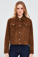 Amber Women's Brown Shirt Collar Short Suede Leather Jacket | Derimod Amber Women's Brown Shirt Collar Short Suede Leather Jacket | Derimod