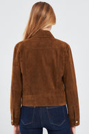 Amber Women's Brown Shirt Collar Short Suede Leather Jacket | Derimod Amber Women's Brown Shirt Collar Short Suede Leather Jacket | Derimod