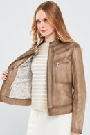 Jody Women's Beige Natural Short Leather Jacket | Derimod Jody Women's Beige Natural Short Leather Jacket | Derimod