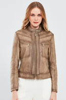 Jody Women's Beige Natural Short Leather Jacket | Derimod Jody Women's Beige Natural Short Leather Jacket | Derimod