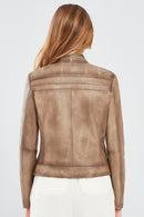 Jody Women's Beige Natural Short Leather Jacket | Derimod Jody Women's Beige Natural Short Leather Jacket | Derimod