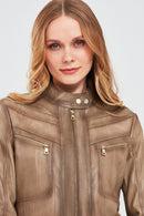Jody Women's Beige Natural Short Leather Jacket | Derimod Jody Women's Beige Natural Short Leather Jacket | Derimod