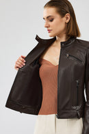 Heidi Kadın Kahverengi Kısa Deri Ceket | Derimod Heidi Kadın Kahverengi Kısa Deri Ceket | Derimod