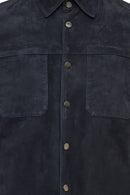 Enzo Men's Navy Shirt Collar Suede Leather Jacket | Derimod Enzo Men's Navy Shirt Collar Suede Leather Jacket | Derimod