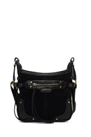 Women's Black Long Strap Suede Leather Crossbody Bag | Derimod Women's Black Long Strap Suede Leather Crossbody Bag | Derimod