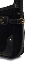 Women's Black Long Strap Suede Leather Crossbody Bag | Derimod Women's Black Long Strap Suede Leather Crossbody Bag | Derimod