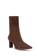 Women's Brown Zippered Short Heel Suede Leather Boot | Derimod Women's Brown Zippered Short Heel Suede Leather Boot | Derimod