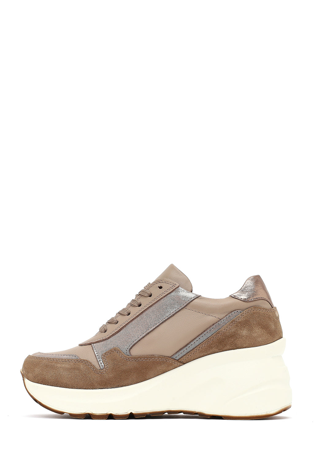 Kadın Vizon Bağcıklı Fermuar Detaylı Dolgu Topuklu Deri Sneaker