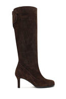 Women's Brown Thin Heeled Suede Leather Boot | Derimod Women's Brown Thin Heeled Suede Leather Boot | Derimod