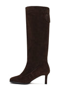 Women's Brown Thin Heeled Suede Leather Boot | Derimod Women's Brown Thin Heeled Suede Leather Boot | Derimod