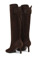 Women's Brown Thin Heeled Suede Leather Boot | Derimod Women's Brown Thin Heeled Suede Leather Boot | Derimod