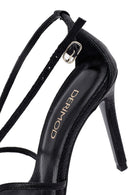 Women's Black Ankle Buckle Thin Heel Metallic Leather Sandals | Derimod Women's Black Ankle Buckle Thin Heel Metallic Leather Sandals | Derimod