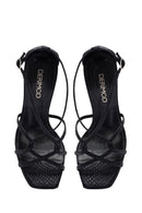 Women's Black Ankle Buckle Thin Heel Metallic Leather Sandals | Derimod Women's Black Ankle Buckle Thin Heel Metallic Leather Sandals | Derimod